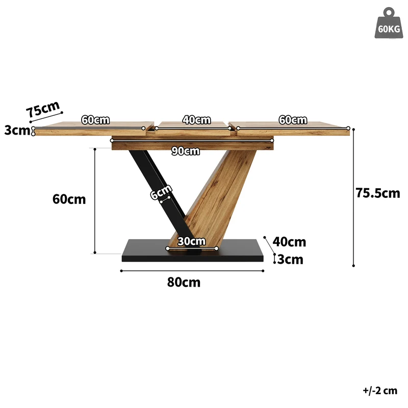 Table à manger extensible effet bois 4-6 personnes 120-160 cm ALUMINUMRUG