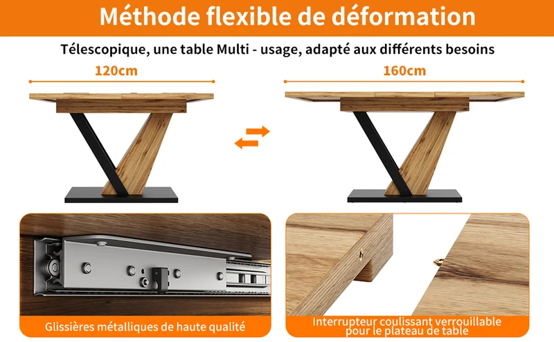 Table à manger extensible effet bois 4-6 personnes 120-160 cm ALUMINUMRUG