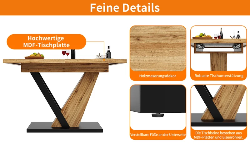 Table à manger extensible effet bois 4-6 personnes 120-160 cm ALUMINUMRUG