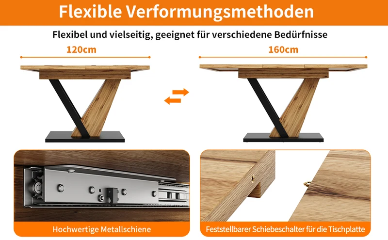 Table à manger extensible effet bois 4-6 personnes 120-160 cm ALUMINUMRUG
