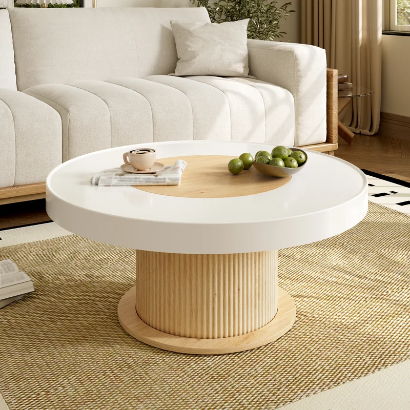 Table basse ronde bicolore blanc effet bois, pied cylindrique à rainures verticales 75x75x39cm MODERNFRAMEART