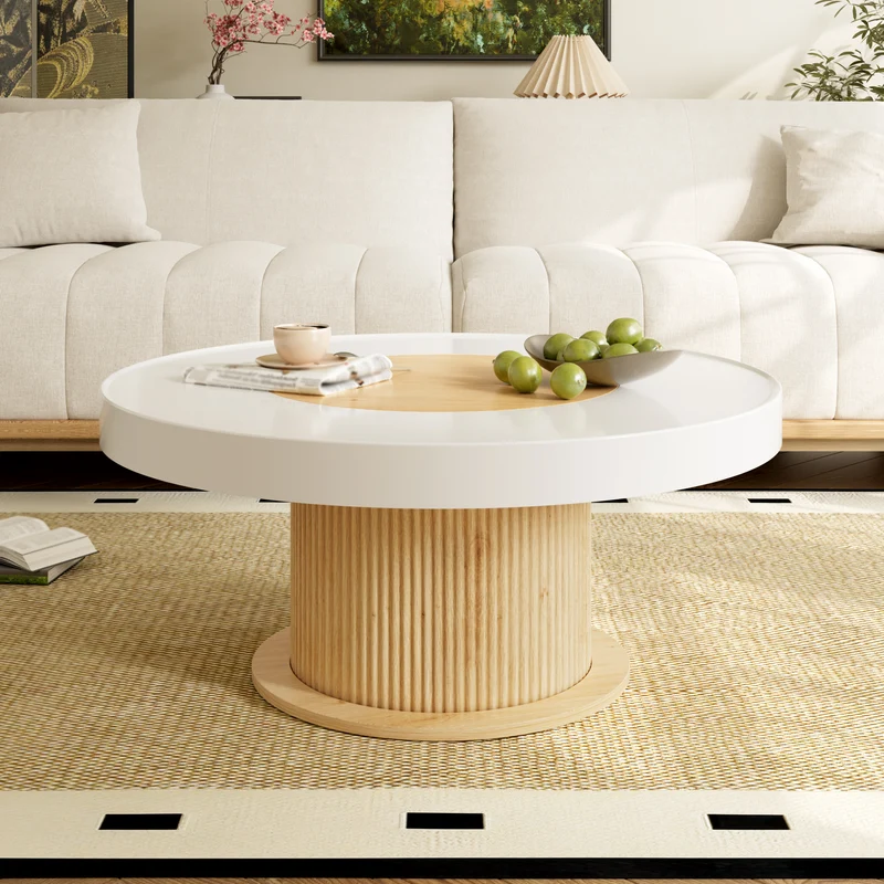 Table basse ronde bicolore blanc effet bois, pied cylindrique à rainures verticales 75x75x39cm MODERNFRAMEART