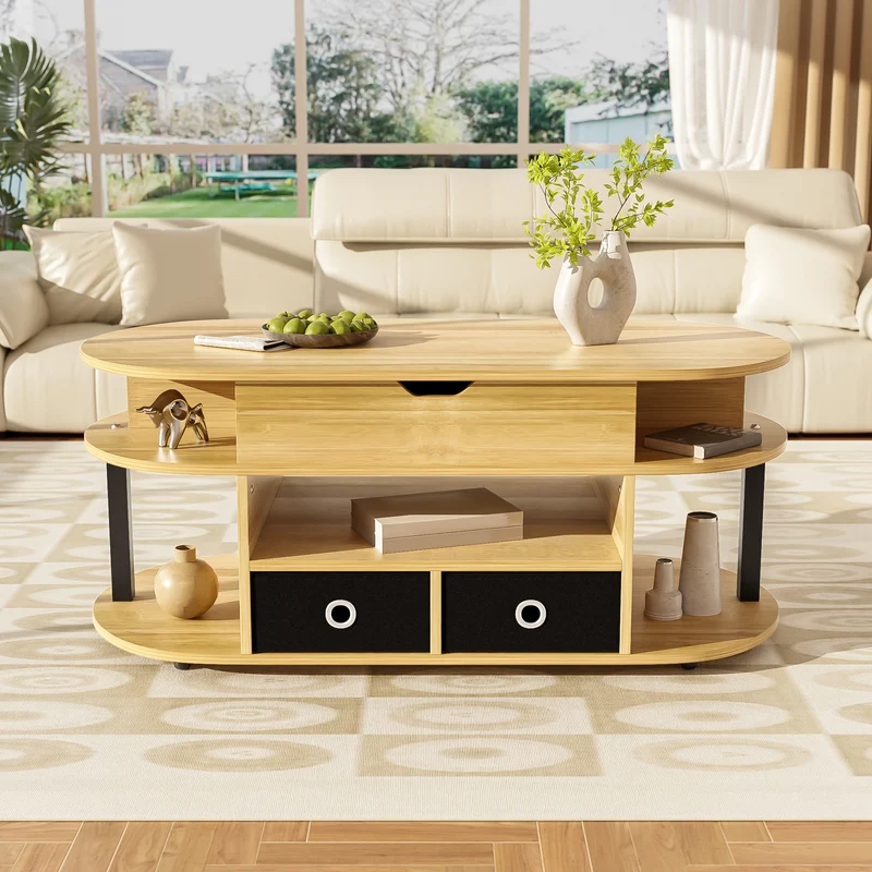 Table basse revelable effet bois rangement et tiroirs en tissu noir 105*50cm PHAHRAIRS