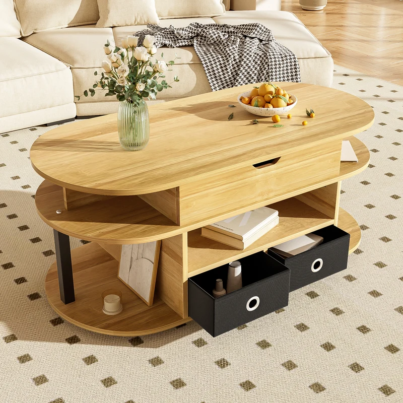 Table basse revelable effet bois rangement et tiroirs en tissu noir 105*50cm PHAHRAIRS