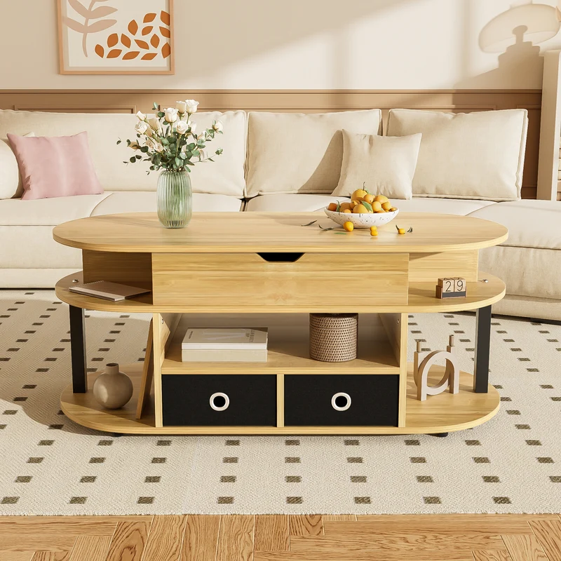 Table basse revelable effet bois rangement et tiroirs en tissu noir 105*50cm PHAHRAIRS