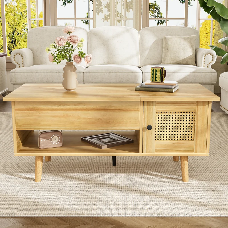 Table basse relevable effet bois 2 portes en rotin 103*50cm DHANNANS