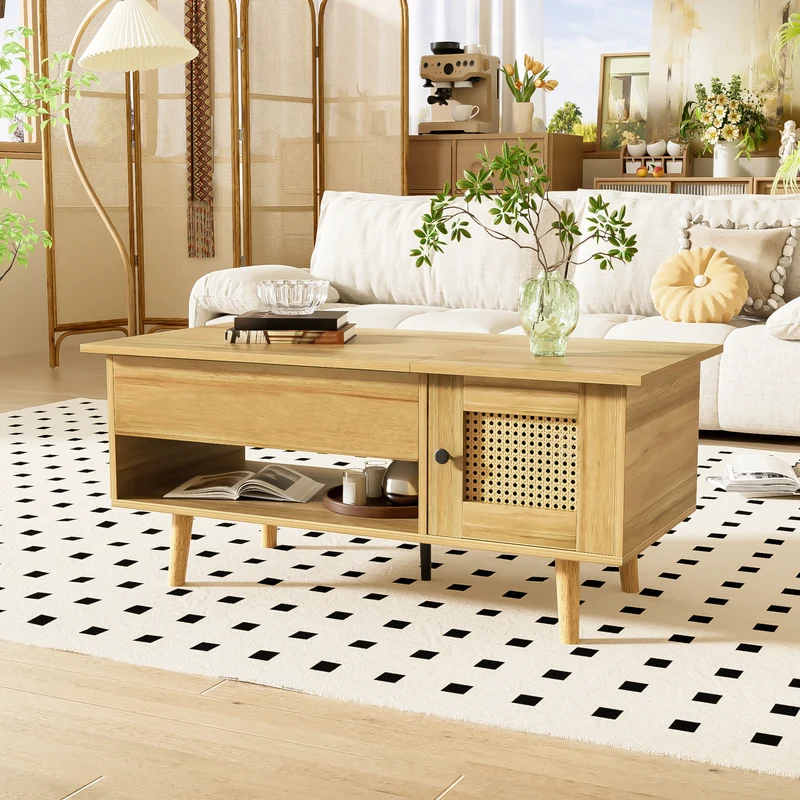 Table basse relevable effet bois 2 portes en rotin 103*50cm DHANNANS