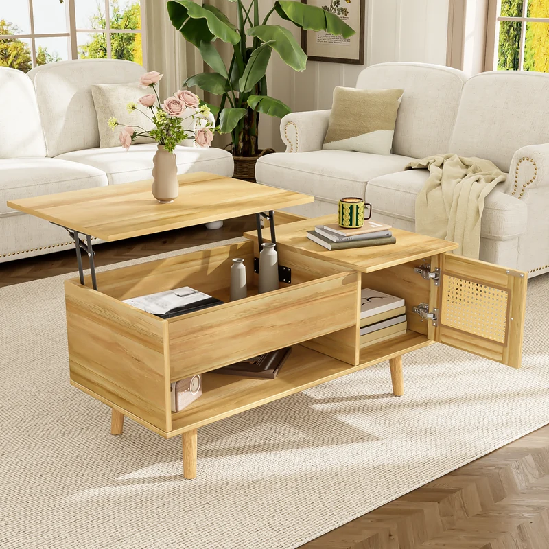 Table basse relevable effet bois 2 portes en rotin 103*50cm DHANNANS