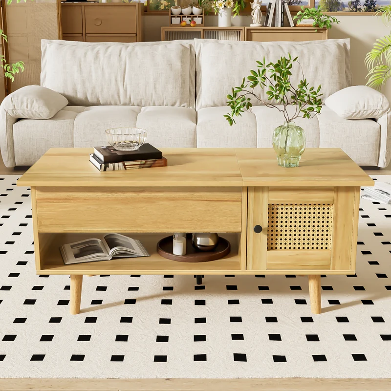 Table basse relevable effet bois 2 portes en rotin 103*50cm DHANNANS