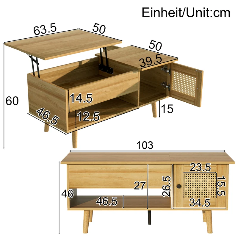 Table basse relevable effet bois 2 portes en rotin 103*50cm DHANNANS