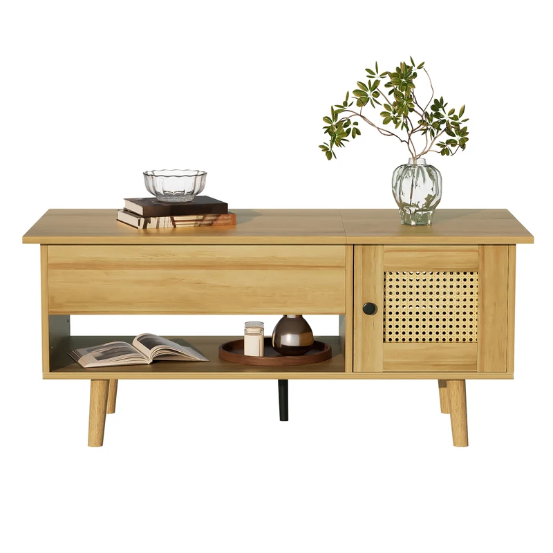Table basse relevable effet bois 2 portes en rotin 103*50cm DHANNANS
