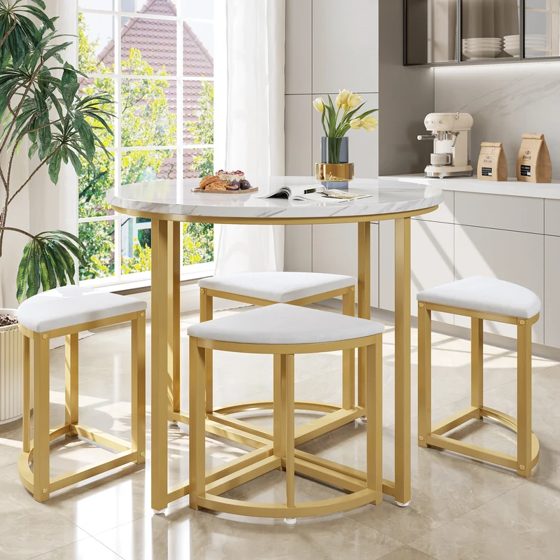 Ensemble table de salle à manger avec 4 chaises blanc et structure doré ATEIX WHITE