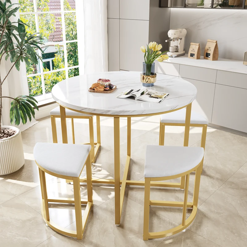 Ensemble table de salle à manger avec 4 chaises blanc et structure doré ATEIX WHITE