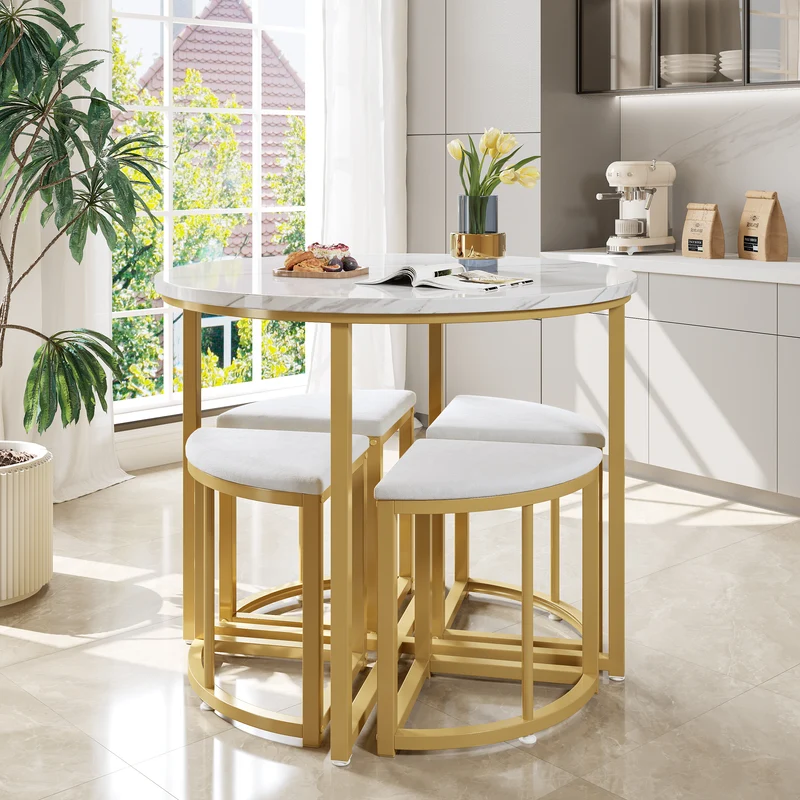 Ensemble table de salle à manger avec 4 chaises blanc et structure doré ATEIX WHITE