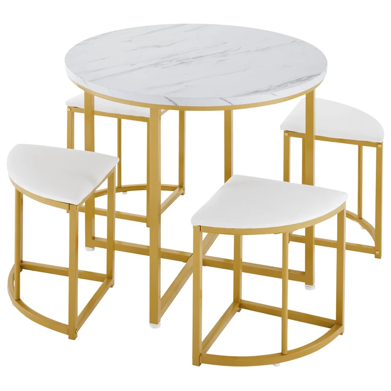 Ensemble table de salle à manger avec 4 chaises blanc et structure doré ATEIX WHITE