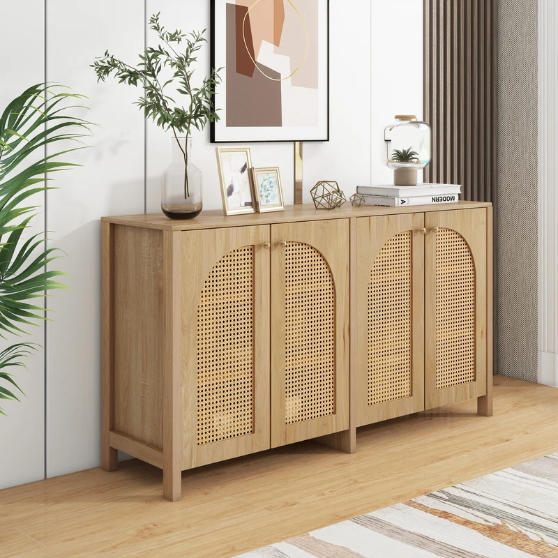 Buffet effet bois avec 4 portes en rotin synthétique et poignées métalliques DREQE