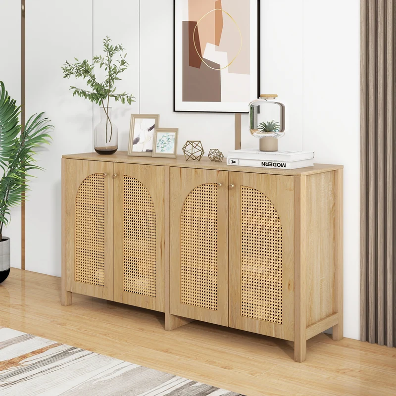 Buffet effet bois avec 4 portes en rotin synthétique et poignées métalliques DREQE