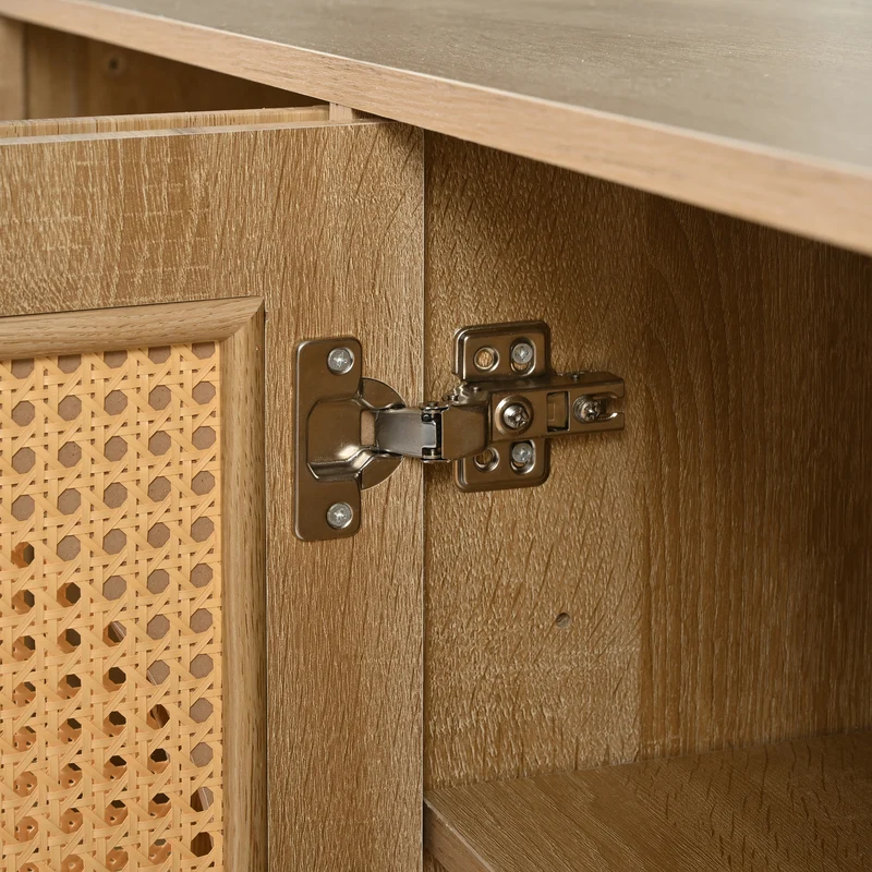 Buffet effet bois avec 4 portes en rotin synthétique et poignées métalliques DREQE