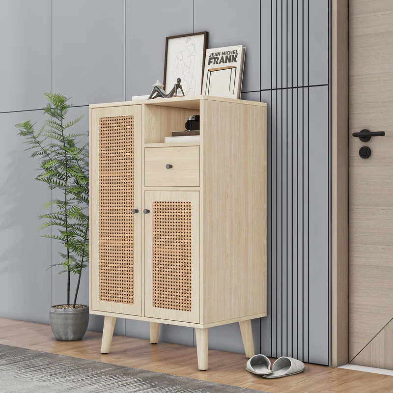 Buffet effet chêne avec 2 portes en tissage rotin et 1 tiroir VELDTBLADE