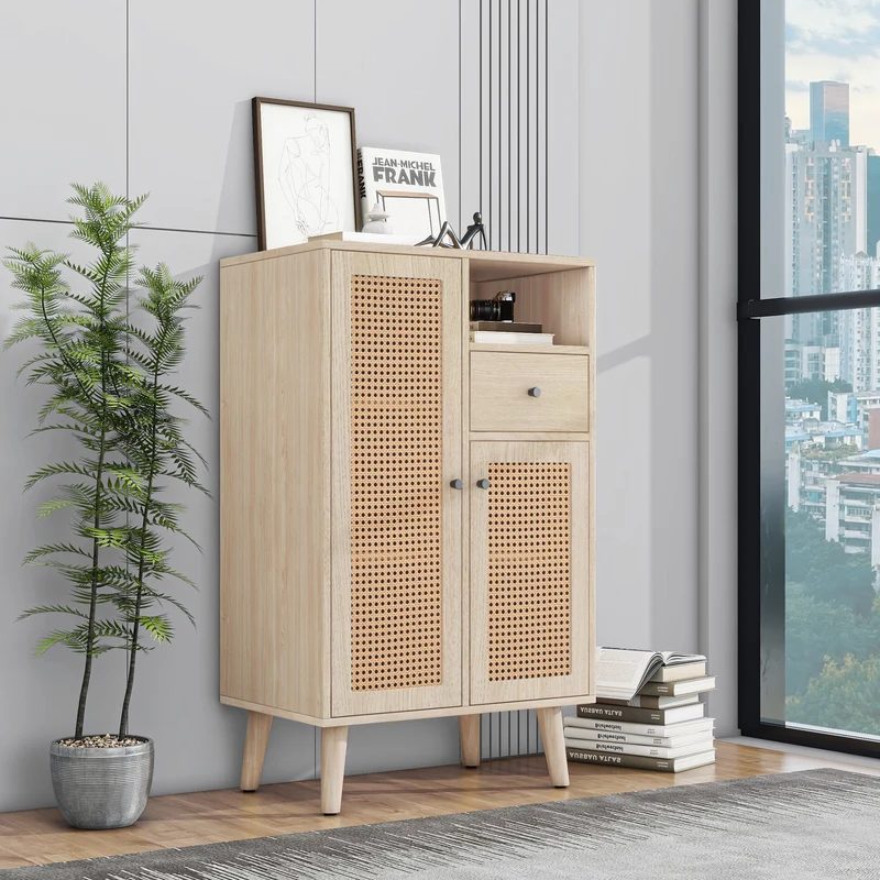 Buffet effet chêne avec 2 portes en tissage rotin et 1 tiroir VELDTBLADE