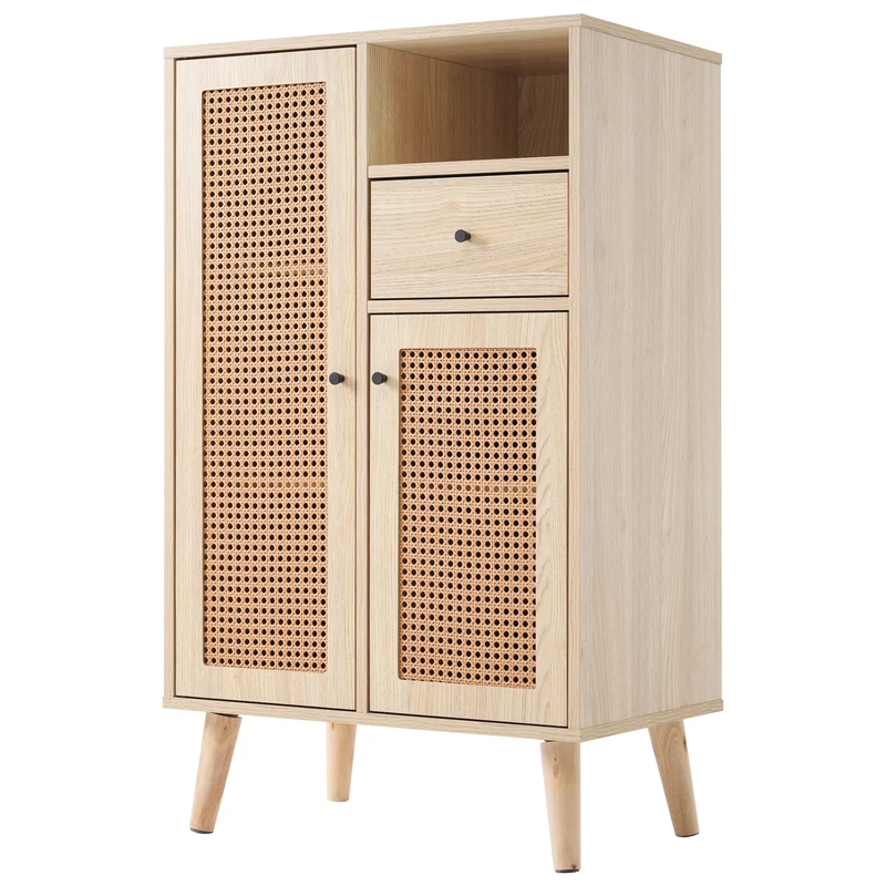 Buffet effet chêne avec 2 portes en tissage rotin et 1 tiroir VELDTBLADE