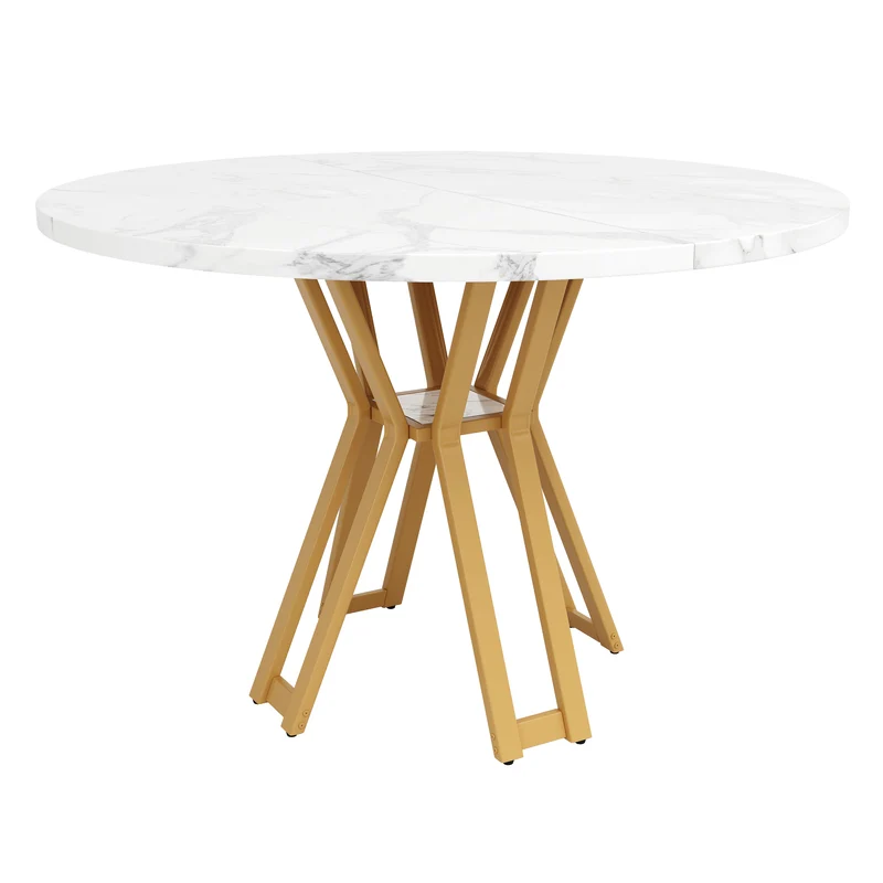 Table à manger ronde effet blanc marbre et piétement métallique doré 100x100cm BARBULE