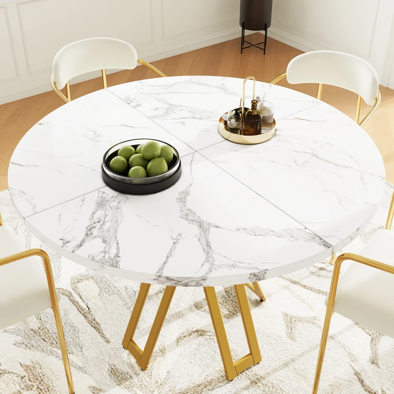 Table à manger ronde effet blanc marbre et piétement métallique doré 100x100cm BARBULE