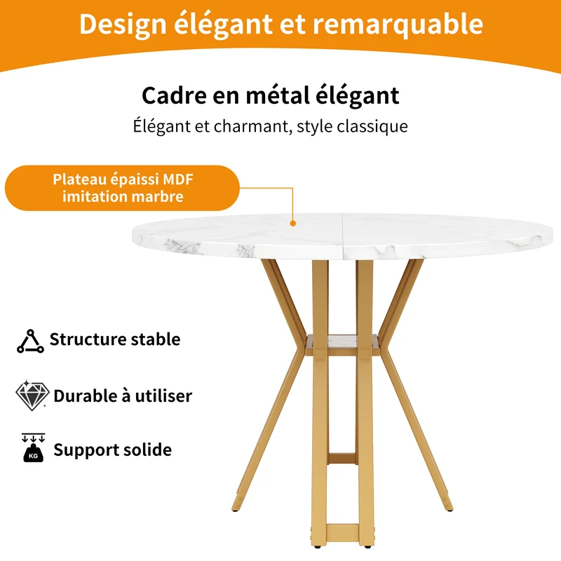 Table à manger ronde effet blanc marbre et piétement métallique doré 100x100cm BARBULE