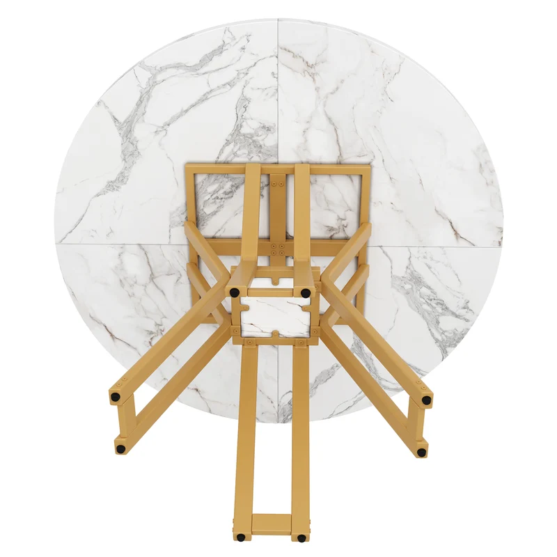 Table à manger ronde effet blanc marbre et piétement métallique doré 100x100cm BARBULE