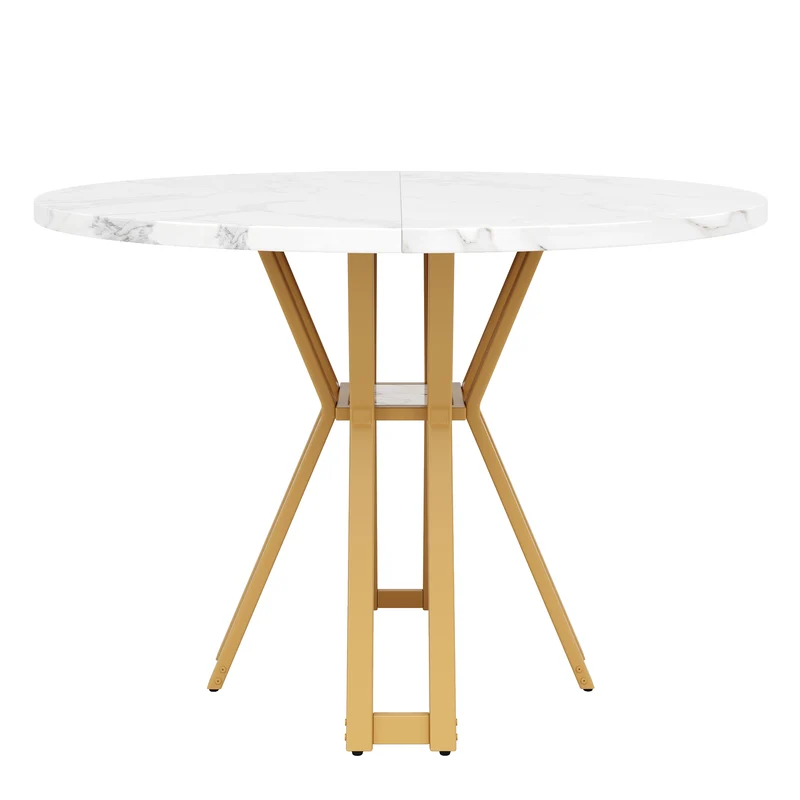 Table à manger ronde effet blanc marbre et piétement métallique doré 100x100cm BARBULE