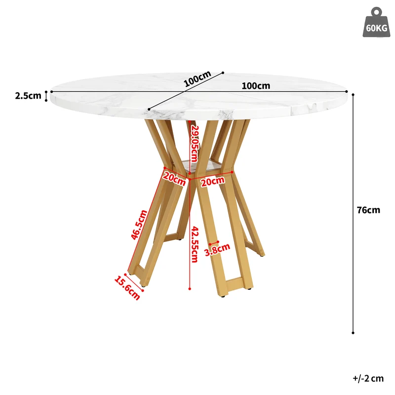 Table à manger ronde effet blanc marbre et piétement métallique doré 100x100cm BARBULE