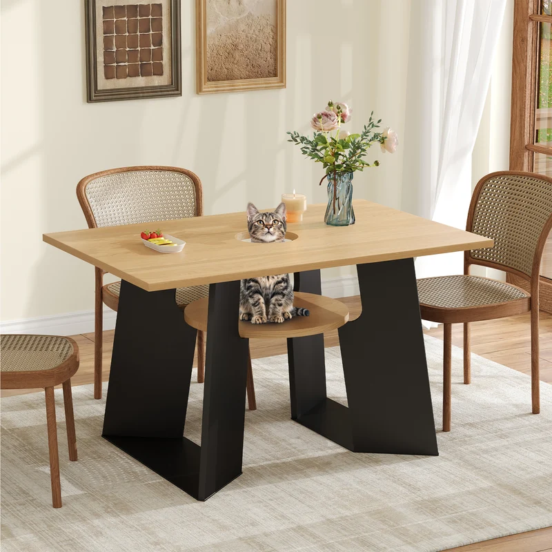Table de salle à manger rectangulaire effet chêne clair conviviale pour animaux de compagnie et étagère centrale 130×85×75cm CRYPSIS
