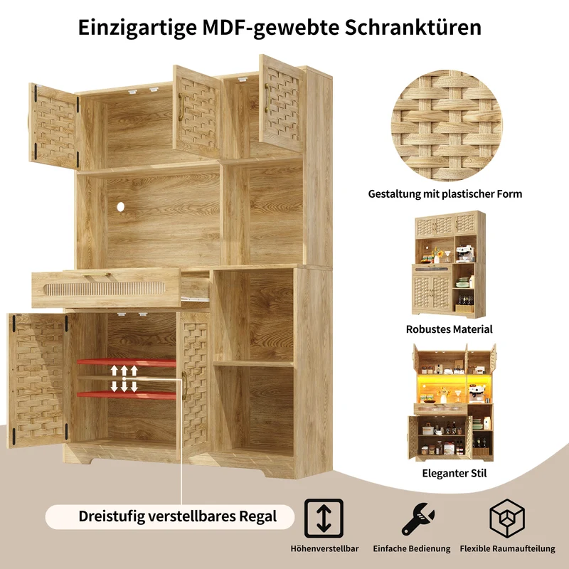 Buffet haut vaisselier de cuisine effet bois avec rotin tressé, éclairage LED ALPENGLOW