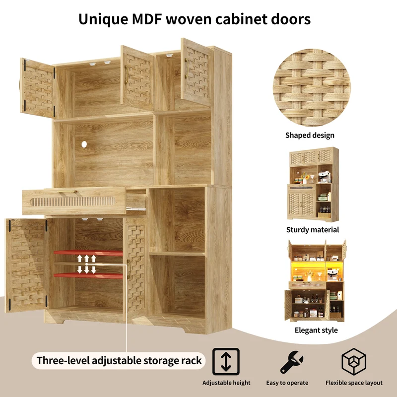 Buffet haut vaisselier de cuisine effet bois avec rotin tressé, éclairage LED ALPENGLOW
