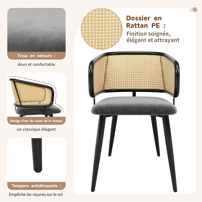 Lot de 2 chaises de salle à manger velours gris et dossier en rotin, pieds en métal noir POLLENBASKET