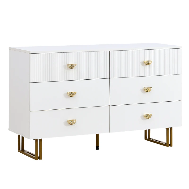 Buffet élégant crème à 6 tiroirs avec façades rainurées et poignées dorées - style contemporain ALTOCRYPT