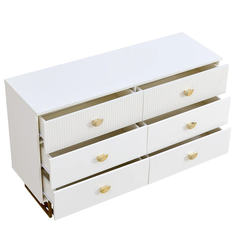 Buffet élégant crème à 6 tiroirs avec façades rainurées et poignées dorées - style contemporain ALTOCRYPT
