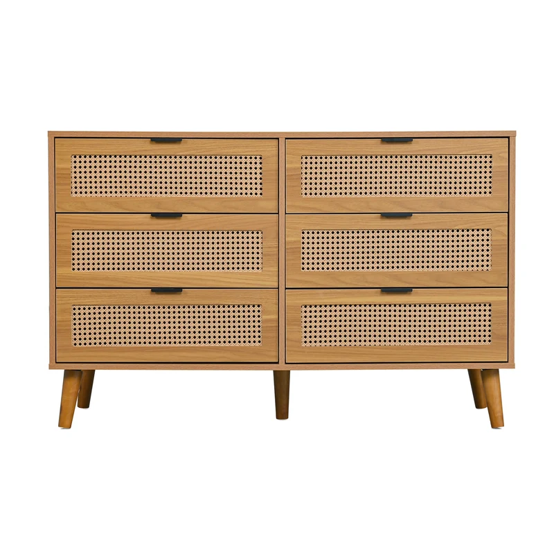 Buffet rétro façade en rotin tressé 6 tiroirs pieds obliques CANDELIL