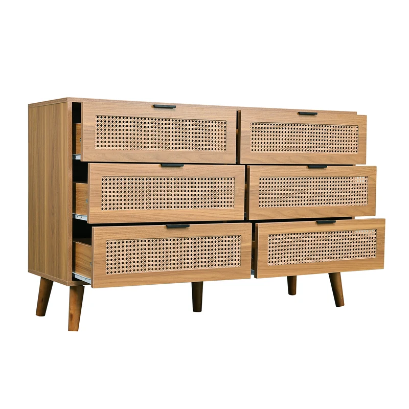 Buffet rétro façade en rotin tressé 6 tiroirs pieds obliques CANDELIL