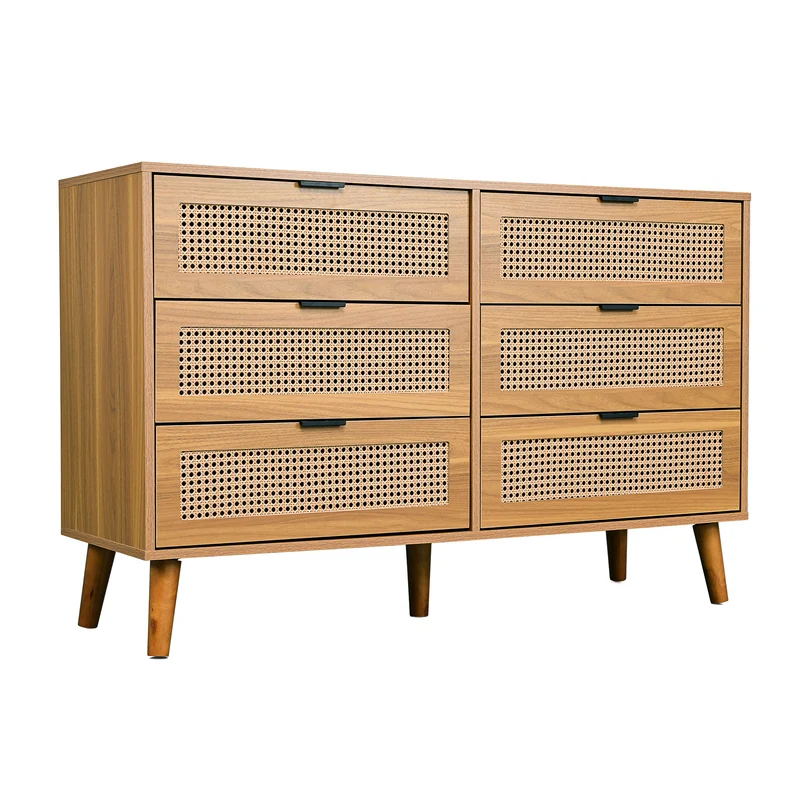 Buffet rétro façade en rotin tressé 6 tiroirs pieds obliques CANDELIL