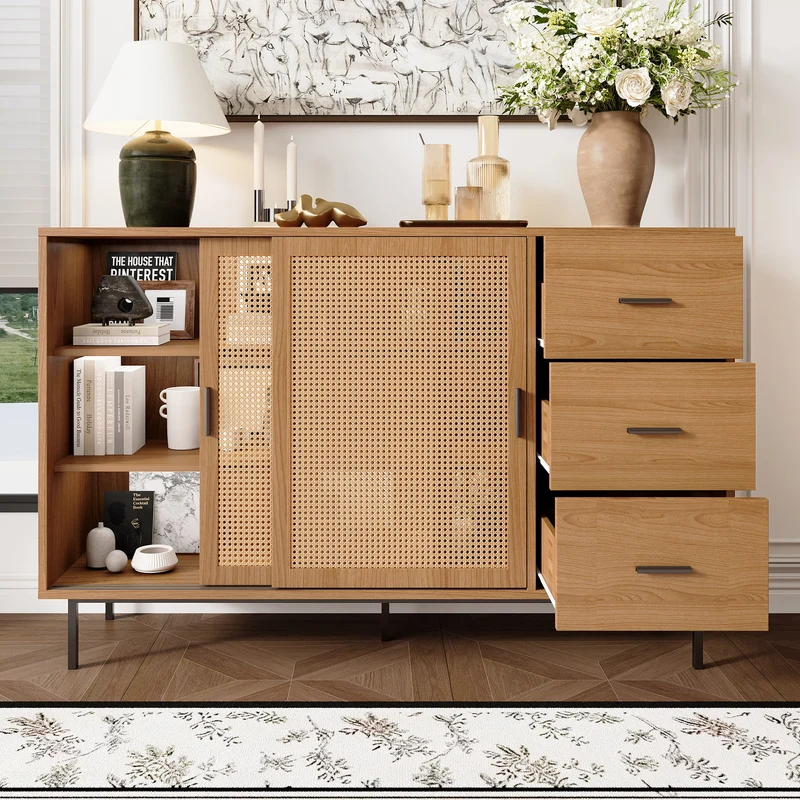 Buffet vintage effet bois et 2 portes coulissantes en rotin tressé et 3 tiroirs PROPOLIS