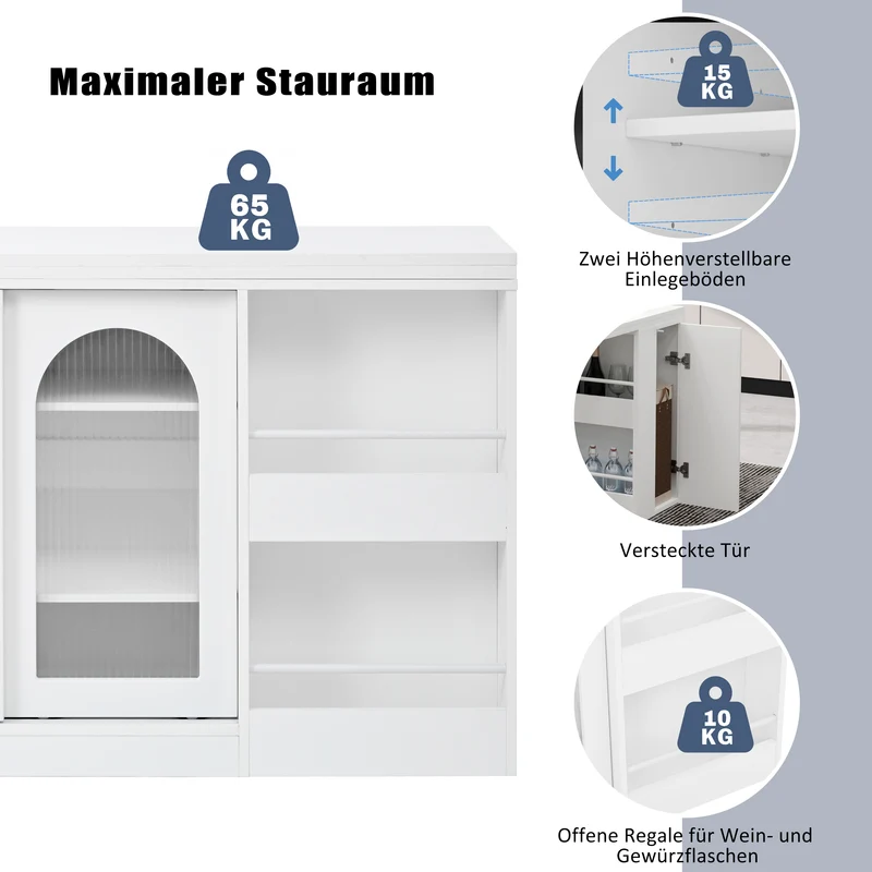 Buffet avec table retratable à 360° avec portes en verre ondulé convertible îlot de cuisine blanc PRAIRIEHAZE