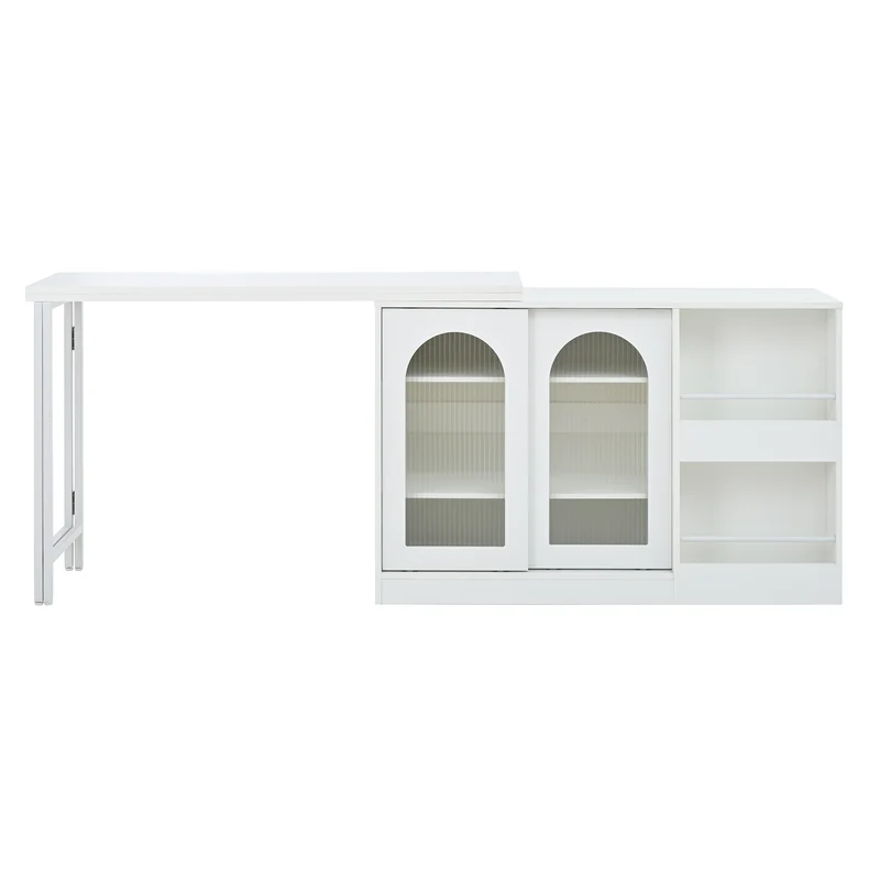 Buffet avec table retratable à 360° avec portes en verre ondulé convertible îlot de cuisine blanc PRAIRIEHAZE