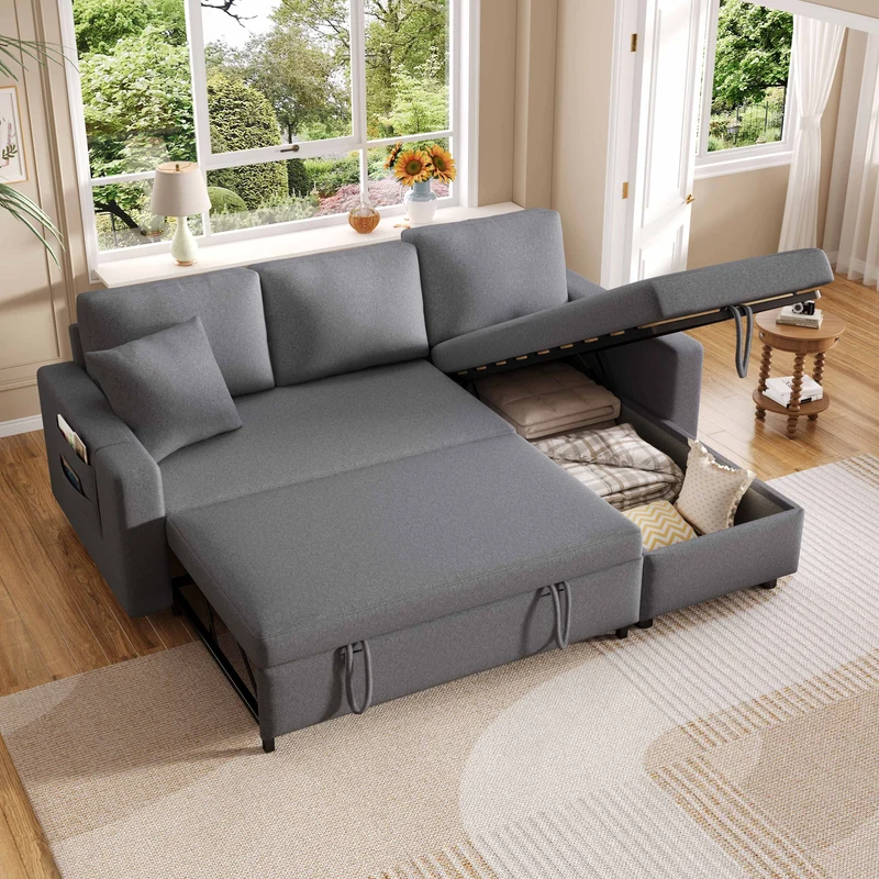 Canapé d'angle convertible en tissu lin gris méridienne réversible 3 places PHOTOSPHERE