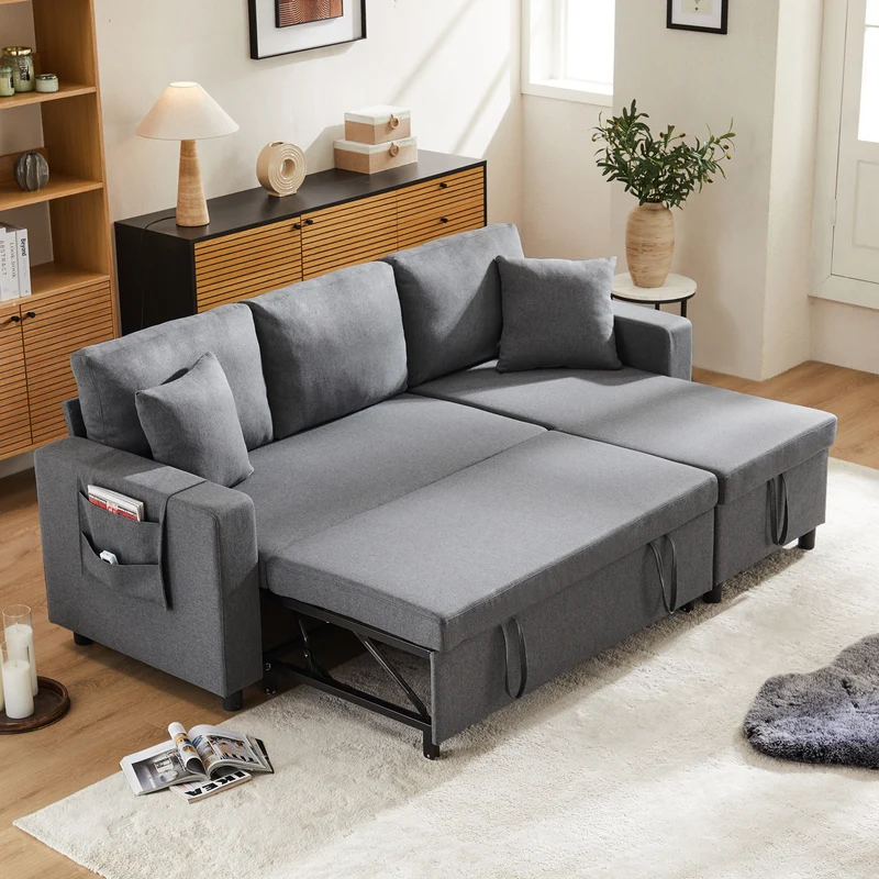 Canapé d'angle convertible en tissu lin gris méridienne réversible 3 places PHOTOSPHERE