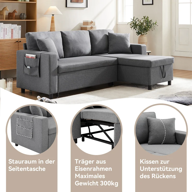 Canapé d'angle convertible en tissu lin gris méridienne réversible 3 places PHOTOSPHERE
