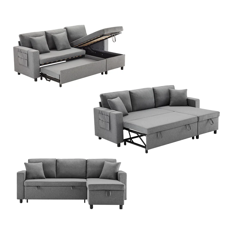 Canapé d'angle convertible en tissu lin gris méridienne réversible 3 places PHOTOSPHERE