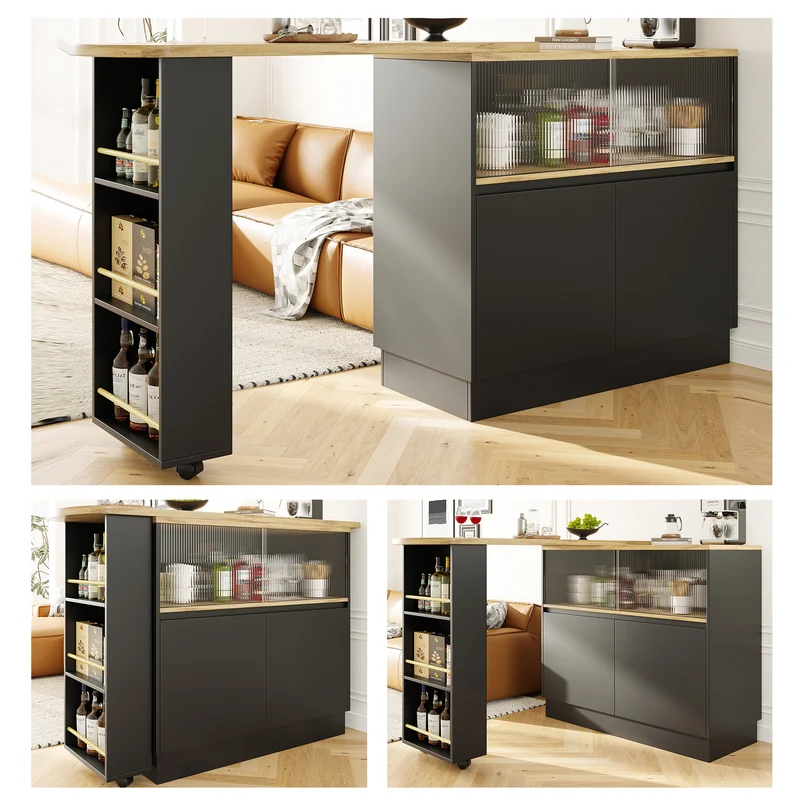 Table de bar effet bois et noir rotatif à 360° rangement avec verre ondulé TINPLATE