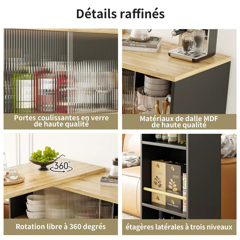 Table de bar effet bois et noir rotatif à 360° rangement avec verre ondulé TINPLATE