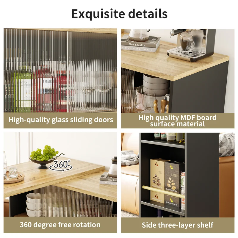 Table de bar effet bois et noir rotatif à 360° rangement avec verre ondulé TINPLATE
